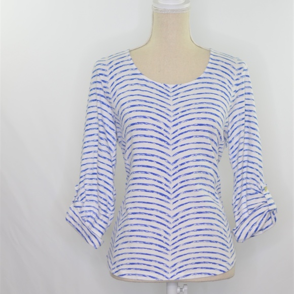 Chico's Tops - Chicos Blue + White Top w/ Rolled Cuffs